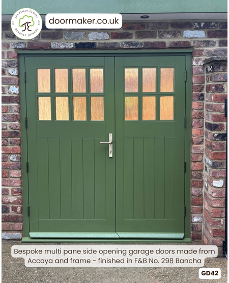 wooden garage doors side hung made from accoya finished in farrow and ball Bancha