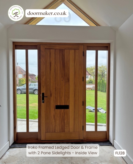 traditional front door and sidelights made from iroko